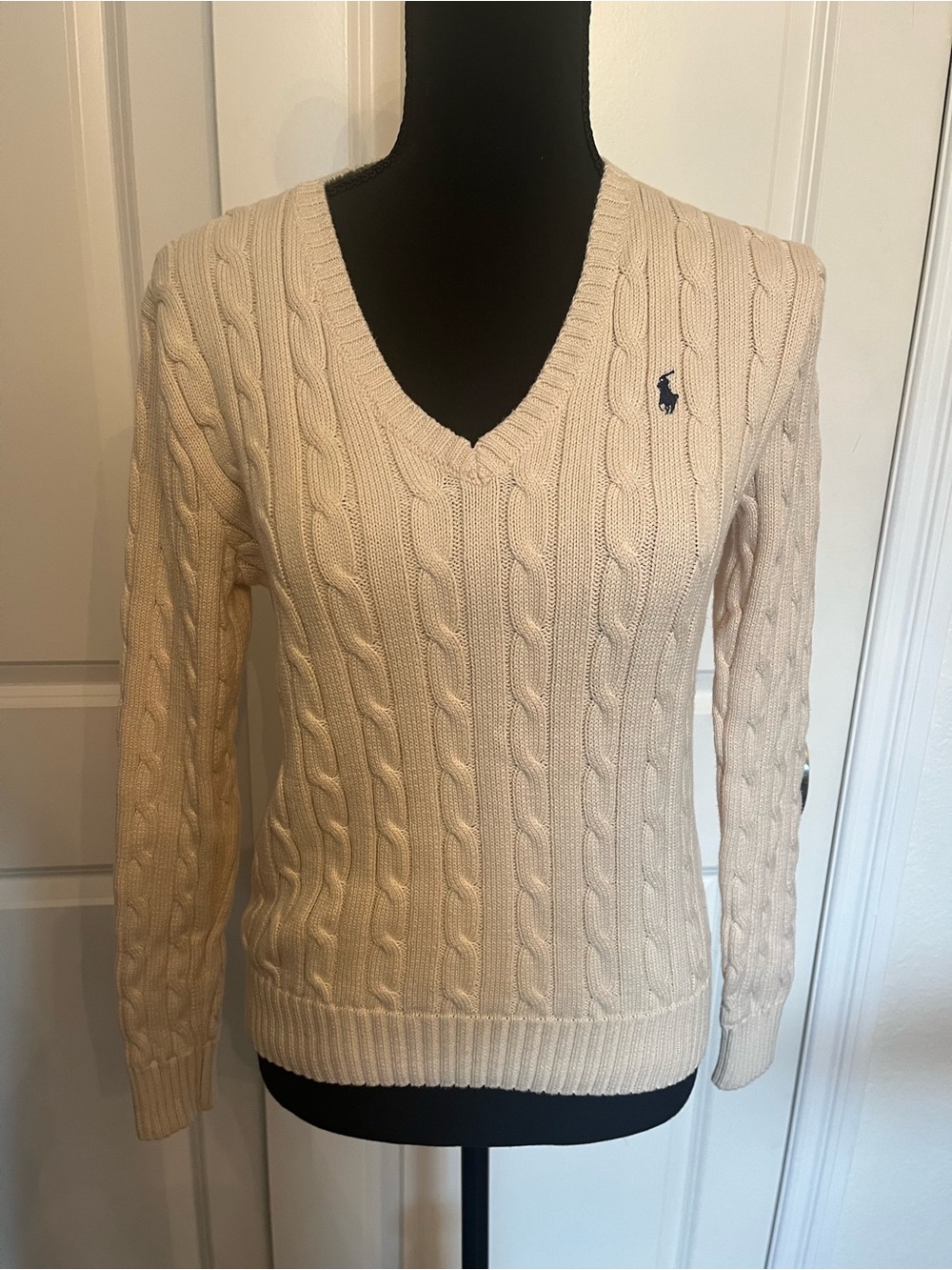 Ralph Lauren Cream Cable V-Neck Sweater with Navy Pony